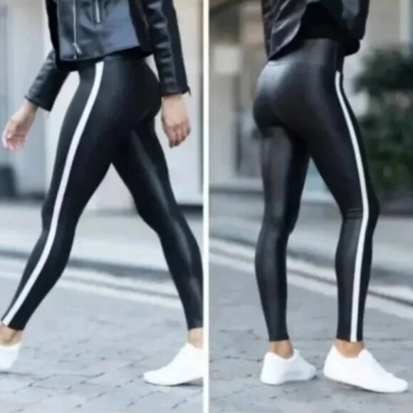 Spanx Black Faux Leather Side Stripe Leggings Size: Medium NWOT - Picture 1 of 14
